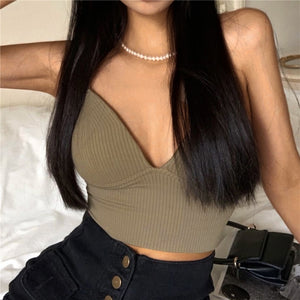 Women Seamless Crop Top Underwear Wire-Free V-Shaped Camisole Thin Straps Striped Solid Bralette Lingerie One-Piece Tube Tops