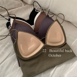 Women Seamless Crop Top Underwear Wire-Free V-Shaped Camisole Thin Straps Striped Solid Bralette Lingerie One-Piece Tube Tops