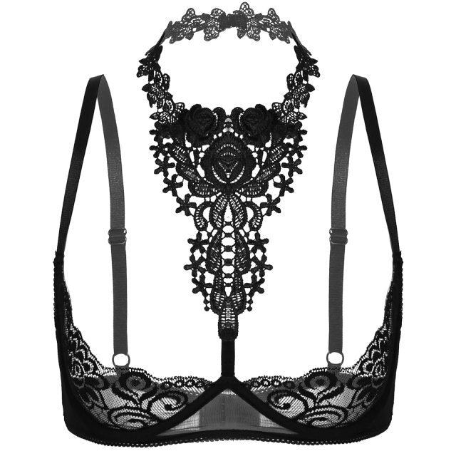 Women See Through Sheer Floral Lace Lingerie Exotic Adjustable Straps Nightclub Halter Open Cups Bra Push Up Underwire Bra Tops