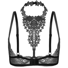Load image into Gallery viewer, Women See Through Sheer Floral Lace Lingerie Exotic Adjustable Straps Nightclub Halter Open Cups Bra Push Up Underwire Bra Tops