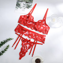 Load image into Gallery viewer, Women Sensual Lingerie Embroidery Lace Female Fancy Underwear Bloom Underwire Bra Suspender Belt Thong Set Erotic Apparel