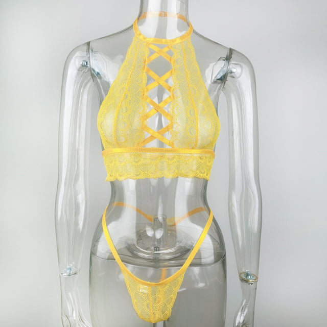 Women Sensual Lingerie Sexy Lingerie Halter Underwear Set Transparent Bra Backless Sex Panties Corset Underwear Set