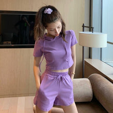 Load image into Gallery viewer, Women Sets Solid Hooded Short Sleeve T-shirts Pockets Drawstring Shorts Running All-match Elegant Korean Style Summer 2 Pieces