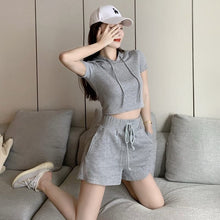 Load image into Gallery viewer, Women Sets Solid Hooded Short Sleeve T-shirts Pockets Drawstring Shorts Running All-match Elegant Korean Style Summer 2 Pieces