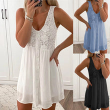 Load image into Gallery viewer, Women Sexy A-Line Solid V-Neck Sleeveless Lace Patchwork Casual Dress Women Tank Vest Mini Dress White Black Dress платье летнее