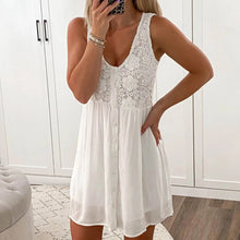 Load image into Gallery viewer, Women Sexy A-Line Solid V-Neck Sleeveless Lace Patchwork Casual Dress Women Tank Vest Mini Dress White Black Dress платье летнее