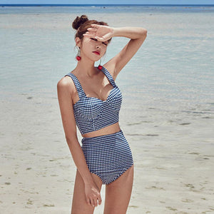 Women Sexy Bikini Set Vintage Plaid Back Tie Bow Ladies Beachwear High Waist Split Push-Up Padded Steel Ring Female Suits