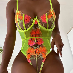 Women Sexy Bodysuits Corset Floral Embroidery Floral Underwear Bra Transparent Erotic Costumes Sensual Shaping Lingerie