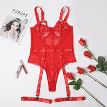 Load image into Gallery viewer, Women Sexy Bodysuits Corset Lace Embroidery Mesh Underwear Push Up Bra Erotic Costumes Sensual Lingerie Leg Garters Jumpsuit
