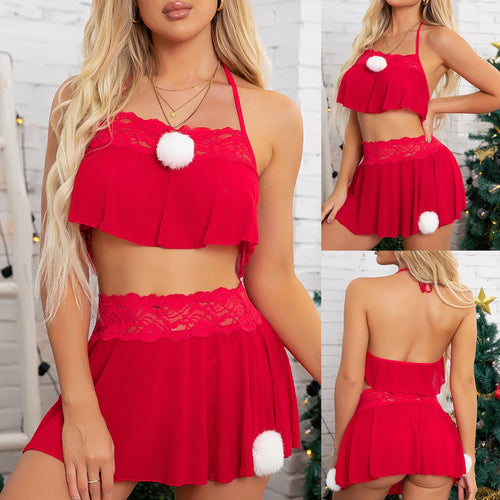 Women Sexy Christmas Festival Red Hollow Lingerie Thong Set Nightdress Underwear Plush Christmas Sexy Two-piece Sexy Lingerie