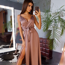 Load image into Gallery viewer, Women Sexy Deep V-neck Spaghetti Strap Dress Sashes Sleeveless Mid Length Party Dress 2021 Summer Fashion Vintage Elegant Dress