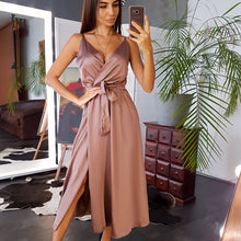 Load image into Gallery viewer, Women Sexy Deep V-neck Spaghetti Strap Dress Sashes Sleeveless Mid Length Party Dress 2021 Summer Fashion Vintage Elegant Dress