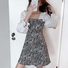 Load image into Gallery viewer, Women Sexy Dress Retro Square Collar Temperament Slim Dresses Korean Fashion Zebra Pattern Splice Dress Autumn Long-Sleeve Dress