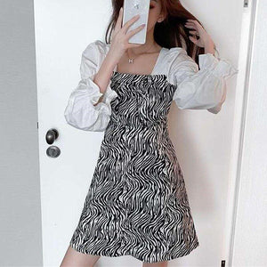 Women Sexy Dress Retro Square Collar Temperament Slim Dresses Korean Fashion Zebra Pattern Splice Dress Autumn Long-Sleeve Dress