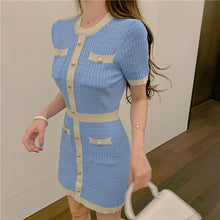 Load image into Gallery viewer, Women Sexy Elegant Vestidos Korean Short Sleeve Knitting Dresses 2021 Summer Hit Color Single-Breasted Mini Dress