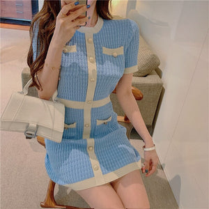 Women Sexy Elegant Vestidos Korean Short Sleeve Knitting Dresses 2021 Summer Hit Color Single-Breasted Mini Dress