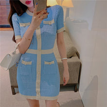Load image into Gallery viewer, Women Sexy Elegant Vestidos Korean Short Sleeve Knitting Dresses 2021 Summer Hit Color Single-Breasted Mini Dress