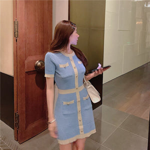 Women Sexy Elegant Vestidos Korean Short Sleeve Knitting Dresses 2021 Summer Hit Color Single-Breasted Mini Dress