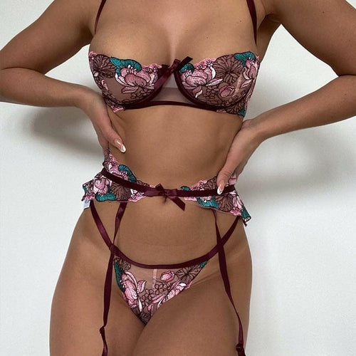 Women Sexy Embroidery Lace Underwear See-Through Exotic Costumes Bra Bowknot Sensual Lingerie 3 Pieces Erotic Temptation Set