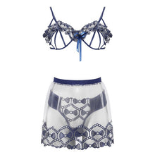 Load image into Gallery viewer, Women Sexy Embroidery Underwear See Through Erotic Costumes Hollow Out Bra Thong Transparent Skirt 3 Pieces Exotic Lingerie Set
