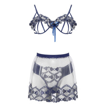 Load image into Gallery viewer, Women Sexy Embroidery Underwear See Through Erotic Costumes Hollow Out Bra Thong Transparent Skirt 3 Pieces Exotic Lingerie Set