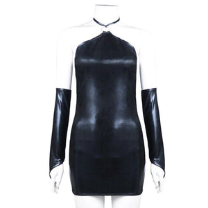 Women Sexy Faux Leather Fetish Short Mini Dress Wet Look Open Butt Skirt Party Clubwear with Gloves Catsuit Costume