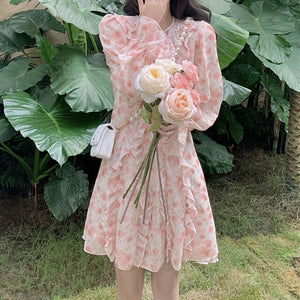 Women Sexy Floral Dress Gentle Korean Chiffon V-Neck Lotus Dresses Fashion Sweet Pink Temperamen Spring Autumn Short Dress