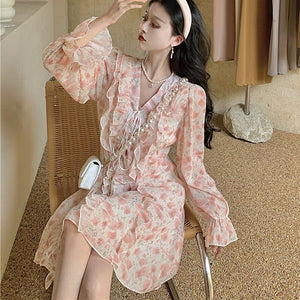 Women Sexy Floral Dress Gentle Korean Chiffon V-Neck Lotus Dresses Fashion Sweet Pink Temperamen Spring Autumn Short Dress