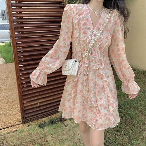 Women Sexy Floral Dress Gentle Korean Chiffon V-Neck Lotus Dresses Fashion Sweet Pink Temperamen Spring Autumn Short Dress