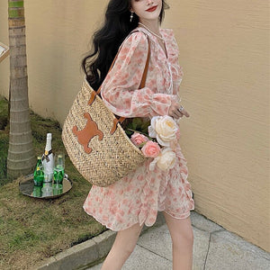 Women Sexy Floral Dress Gentle Korean Chiffon V-Neck Lotus Dresses Fashion Sweet Pink Temperamen Spring Autumn Short Dress