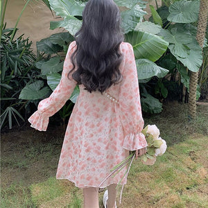 Women Sexy Floral Dress Gentle Korean Chiffon V-Neck Lotus Dresses Fashion Sweet Pink Temperamen Spring Autumn Short Dress