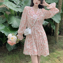 Load image into Gallery viewer, Women Sexy Floral Dress Gentle Korean Chiffon V-Neck Lotus Dresses Fashion Sweet Pink Temperamen Spring Autumn Short Dress