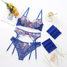 Load image into Gallery viewer, Women Sexy Floral Embroider Underwear See-Through Erotic Costumes Bra and Thong Sensual Lingerie 4 Pieces Exotic Underwire Suit