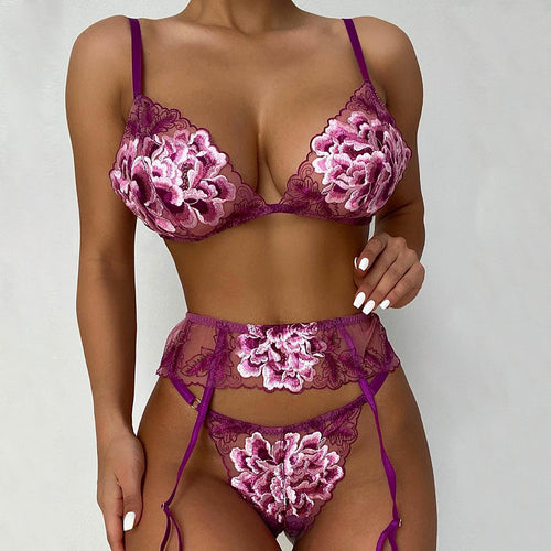Women Sexy Floral Embroidery Underwear 3 Pieces Set Erotic Bra Set Garter Thigh Belt Sensual Lingerie Perspective Underwear