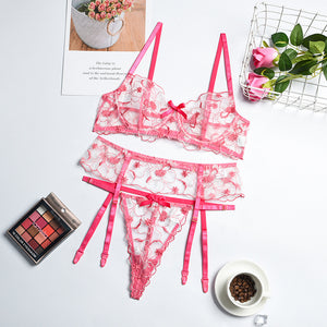 Women Sexy Floral Embroidery Underwear 3 Pieces Set Erotic Bra and Brief Set Garter Thigh Belt Sensual Lingerie Lace Exotic Suit