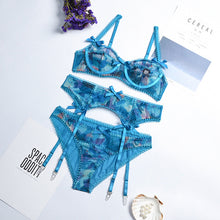 Load image into Gallery viewer, Women Sexy Floral Embroidery Underwear 3 Pieces Set Sexy Bra and Brief Set with Garters Sensual Lingerie Lace Female Underwear