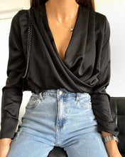 Load image into Gallery viewer, Women Sexy Folds V-neck Shirt Female Long Sleeve Elegant Solid Office Blouse 2020 New Fashion Autumn Streetwear Blouse And Tops
