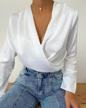 Load image into Gallery viewer, Women Sexy Folds V-neck Shirt Female Long Sleeve Elegant Solid Office Blouse 2020 New Fashion Autumn Streetwear Blouse And Tops