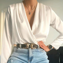 Load image into Gallery viewer, Women Sexy Folds V-neck Shirt Female Long Sleeve Elegant Solid Office Blouse 2020 New Fashion Autumn Streetwear Blouse And Tops