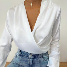 Load image into Gallery viewer, Women Sexy Folds V-neck Shirt Female Long Sleeve Elegant Solid Office Blouse 2020 New Fashion Autumn Streetwear Blouse And Tops