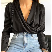 Load image into Gallery viewer, Women Sexy Folds V-neck Shirt Female Long Sleeve Elegant Solid Office Blouse 2020 New Fashion Autumn Streetwear Blouse And Tops