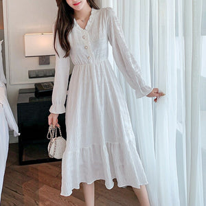 Women Sexy French Dress V-neck Gentle Korean Temperament Long-Sleeve Fashion White Fairy Dresses Chiffon Autumn Midi Dress