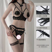 Load image into Gallery viewer, Women Sexy Halter Bra Crothcless Panty Garter Belt Lingerie with Neck Ring Set Adult Erotic Lingerie Hollow See Through Lingerie
