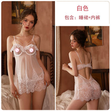 Load image into Gallery viewer, Women Sexy Hot Gauze Lace See-through Nightdress Thong Set Femme Porno Lingerie Erotic Steel Slip Skirt Slutty Babydoll Dress