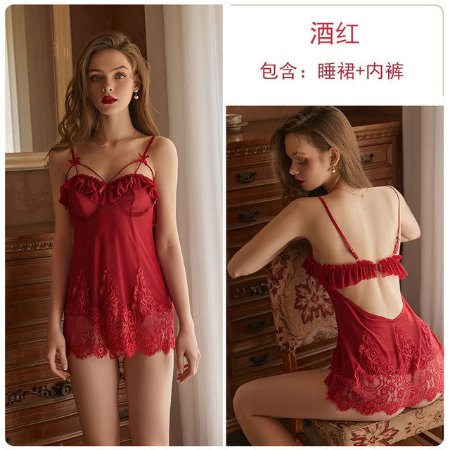 Women Sexy Hot Gauze Lace See-through Nightdress Thong Set Femme Porno Lingerie Erotic Steel Slip Skirt Slutty Babydoll Dress