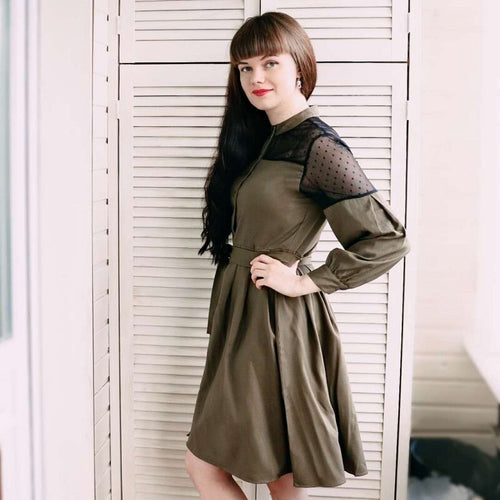 Women Sexy Lace Patchwork Shirt Dress Casual Stand Collar Lantern Sleeve Dress 2021 Vintage Elegant High Waist A-line Dresses