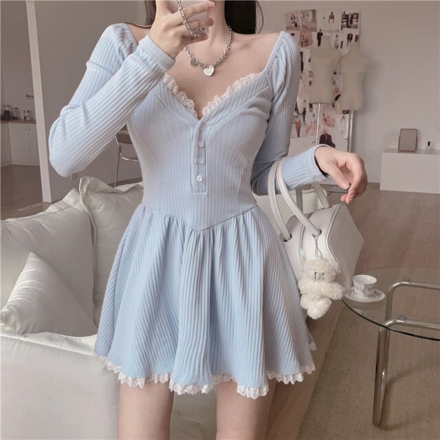 Women Sexy Lace V-Neck Dress Korean Gentle Chiffon Strapless Dresses Fashion Sweet Blue Temperamen Spring Autumn Short Dress