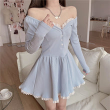 Load image into Gallery viewer, Women Sexy Lace V-Neck Dress Korean Gentle Chiffon Strapless Dresses Fashion Sweet Blue Temperamen Spring Autumn Short Dress