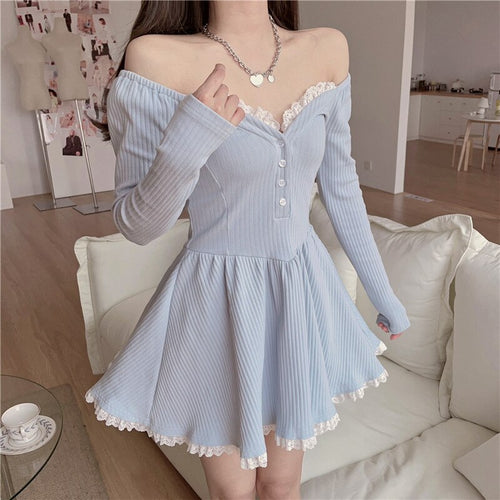 Women Sexy Lace V-Neck Dress Korean Gentle Chiffon Strapless Dresses Fashion Sweet Blue Temperamen Spring Autumn Short Dress