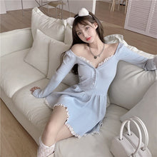 Load image into Gallery viewer, Women Sexy Lace V-Neck Dress Korean Gentle Chiffon Strapless Dresses Fashion Sweet Blue Temperamen Spring Autumn Short Dress